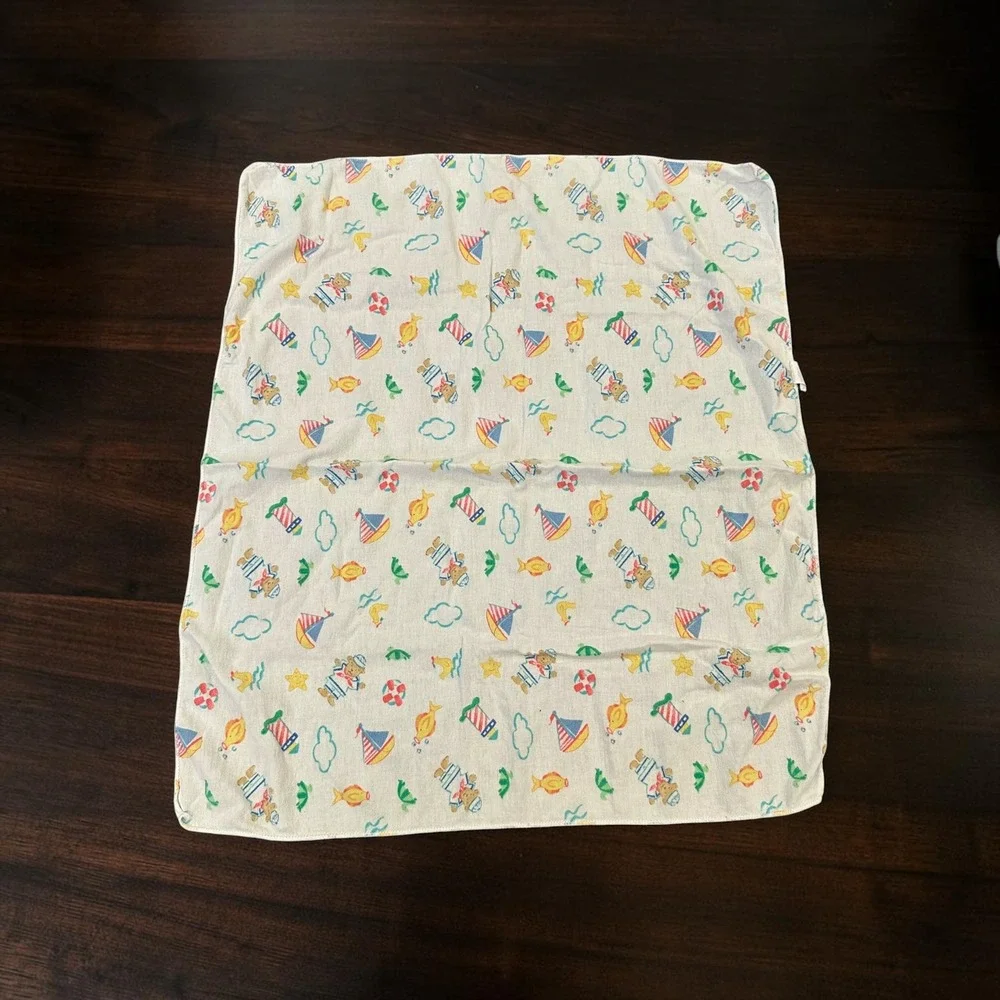 Vintage Riegel Nautical Bear Sailboat Cotton Flannel Baby Swaddle Blanket White